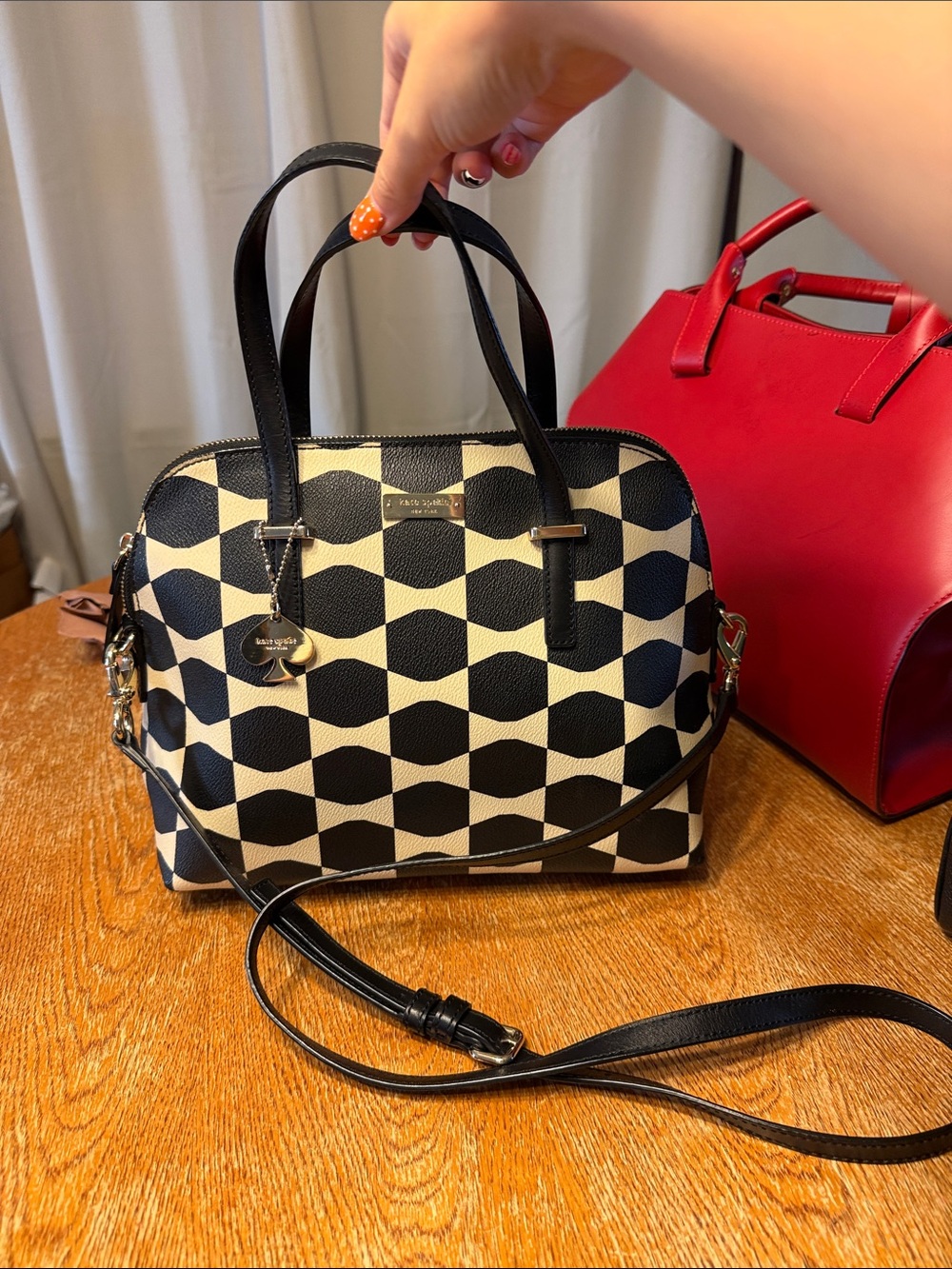 kate spade Black and Cream Geometric Satchel with Crossbody Strap